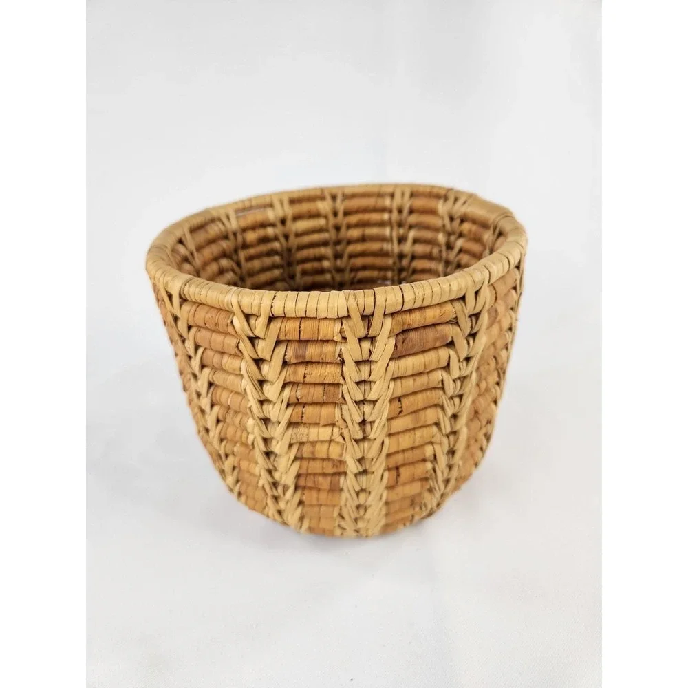 Vintage Primitive Coil Basket Grass Hand Woven Brown Tan Planter Pot Decor Thick